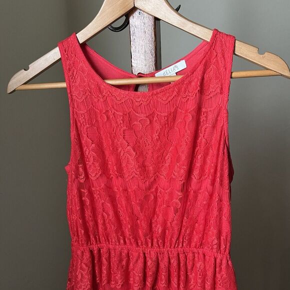 Delia's Dress Sz Small Red Sleeveless Lace Cut-Out Fit & Flare Lined Floral - Picture 2 of 9